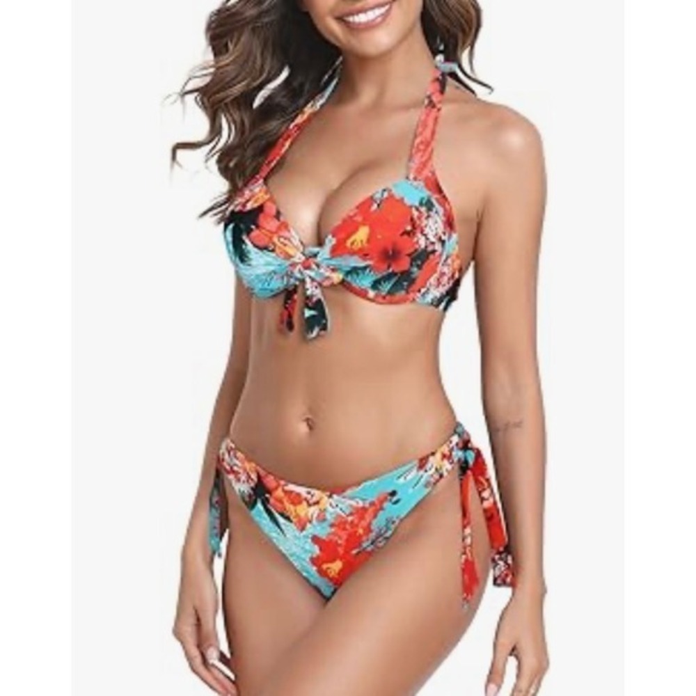 NEW Colloyes XL Tropical Floral Print Halter Tie Front Bikini Swimsuit Set - Picture 3 of 10